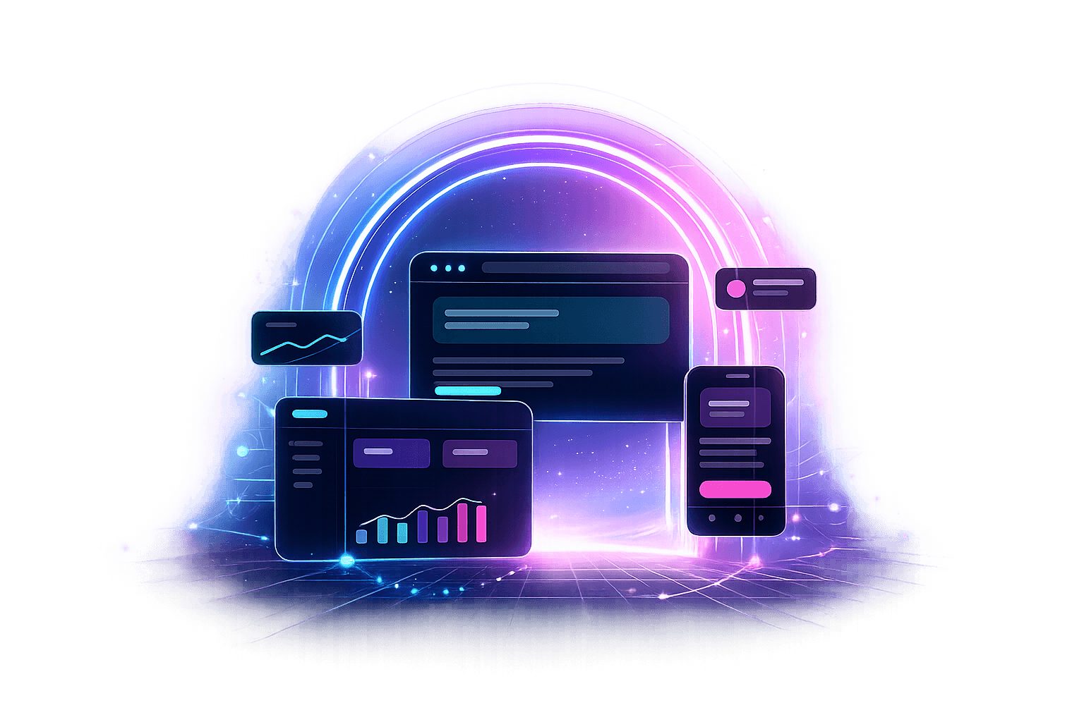 بوابة رقمية مضيئة يخرج منها موقع إلكتروني وتطبيق موبايل ولوحة تحكم تحليلية
