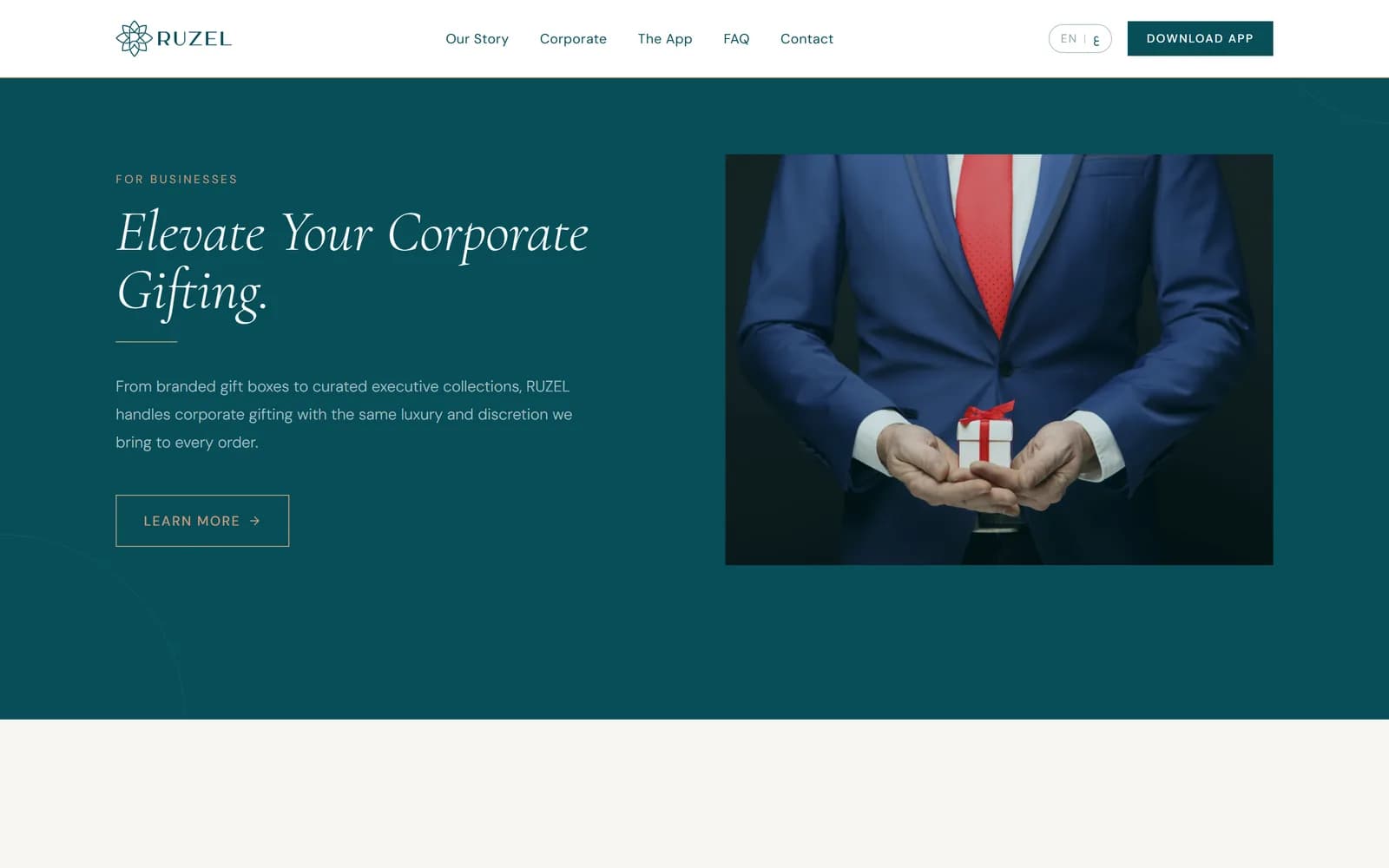 The RUZEL website corporate gifting section on a full-width deep-teal band.