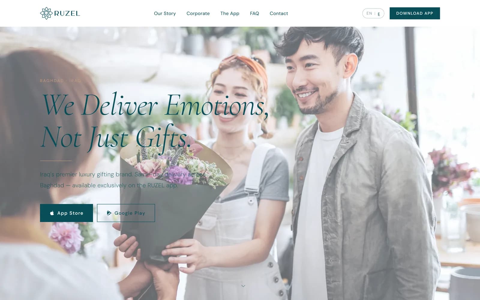 The RUZEL website home page in English, showing the brand statement over full-bleed photography with both app store buttons.