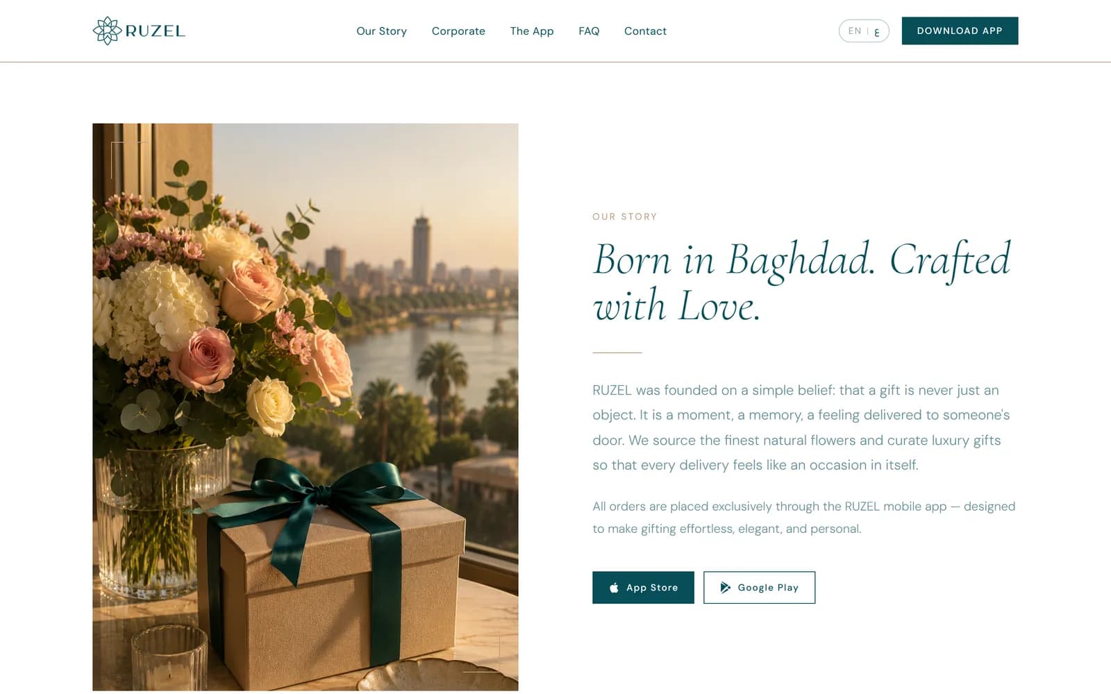 The RUZEL website brand story section, with editorial text beside photography.